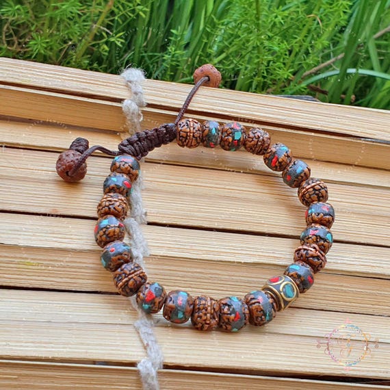 Adjustable Rudraksha Bracelet: Red Coral & Turquoise Inlay