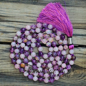 Amethyst Rose Quartz Mala Necklace: Handcrafted 108 Bead Yoga Necklace