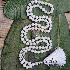 White Jade Mala Necklace: 108 Bead Silk Tassel Mala