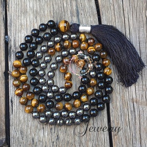 Triple Protection 108 Beads - Tiger Eye Mala, Hematite Necklace, Obsidian Mala, Mixed Stone Necklace, Triple Protection Crystal Necklace