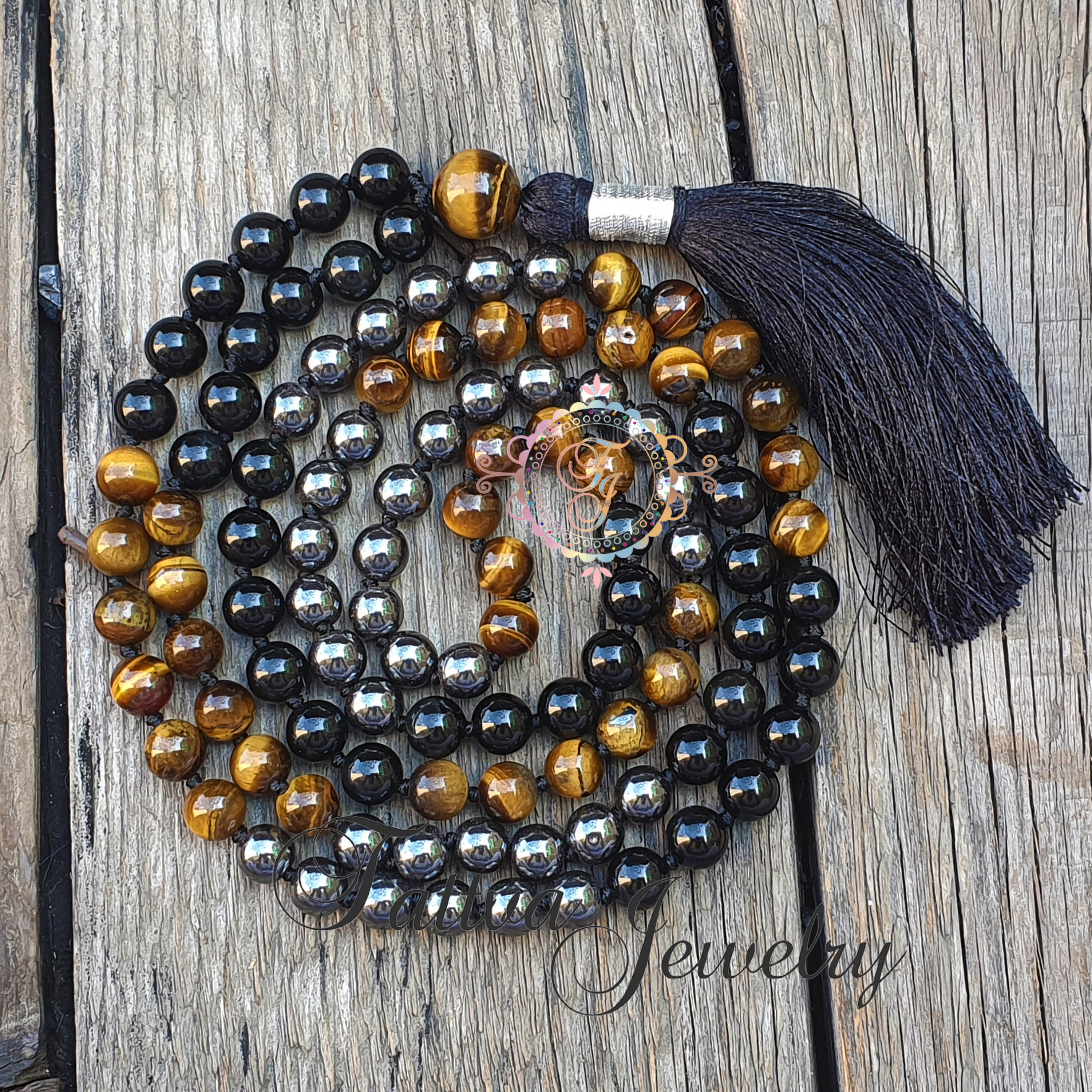 108 Natural Tiger Eye & Black Onyx Mala Beads Necklace / Bracelet