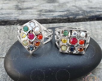 Sterling Silver Navratan Ring: Nine Gemstone Adjustable Unisex