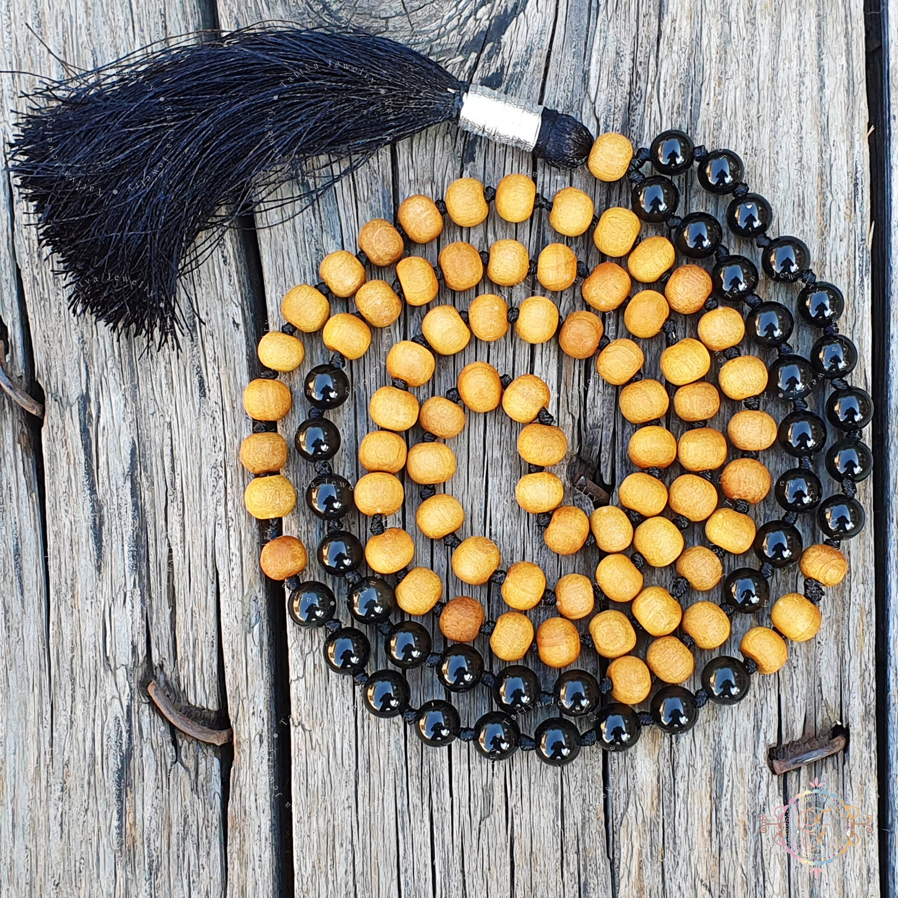 Cosmic Harmony Mala, Sandalwood - Black Tourmaline Mala, Black Tourmaline Necklace, 108 Beads Mala, Black Tourmaline, Sandalwood Mala