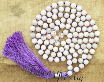 Kunzite Mala Necklace: 108 Bead Heart Chakra Necklet with Silk Tassel 8mm