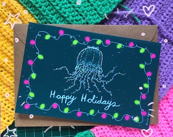Fairy Lights Jellyfish Happy Holidays / Merry Christmas A6 Card