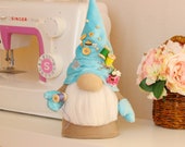 Gnome blue needlework Gift grandmother Scandinavian white gnome Workshop decor Housewarming gift for crafter Spring Summer