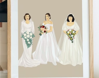 Portrait de mariage générationnel personnalisé, cadeau de la mère de la mariée, illustration numérique, portrait nuptial avec maman et grand-mère