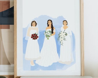 Portrait de mariage générationnel personnalisé, Illustration numérique, Aquarelle, Cadeau de la mère de la mariée, Grand-mère, Cadeau de la mère de la fille