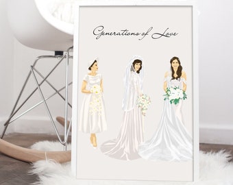 Custom Generational Wedding Portrait, Personalized Gift for Mother, Mother of the Bride Gift, Digital Illustration