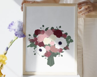 Personalized Wedding Flower Art, Custom Wedding Anniversary Gift, Bridal Flower Bouquet Illustration, DIGITAL DOWNLOAD