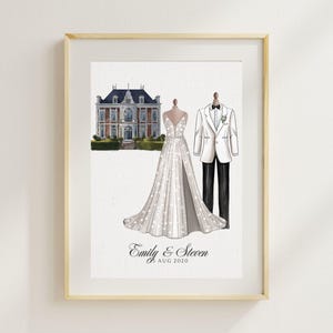 Benutzerdefinierte Aquarell Veranstaltungsort und Brautpaar Porträt personalisierte Hochzeit Illustration mit Veranstaltungsort Zeichnung 1 Jahr Jubiläum Geschenk digitale Datei