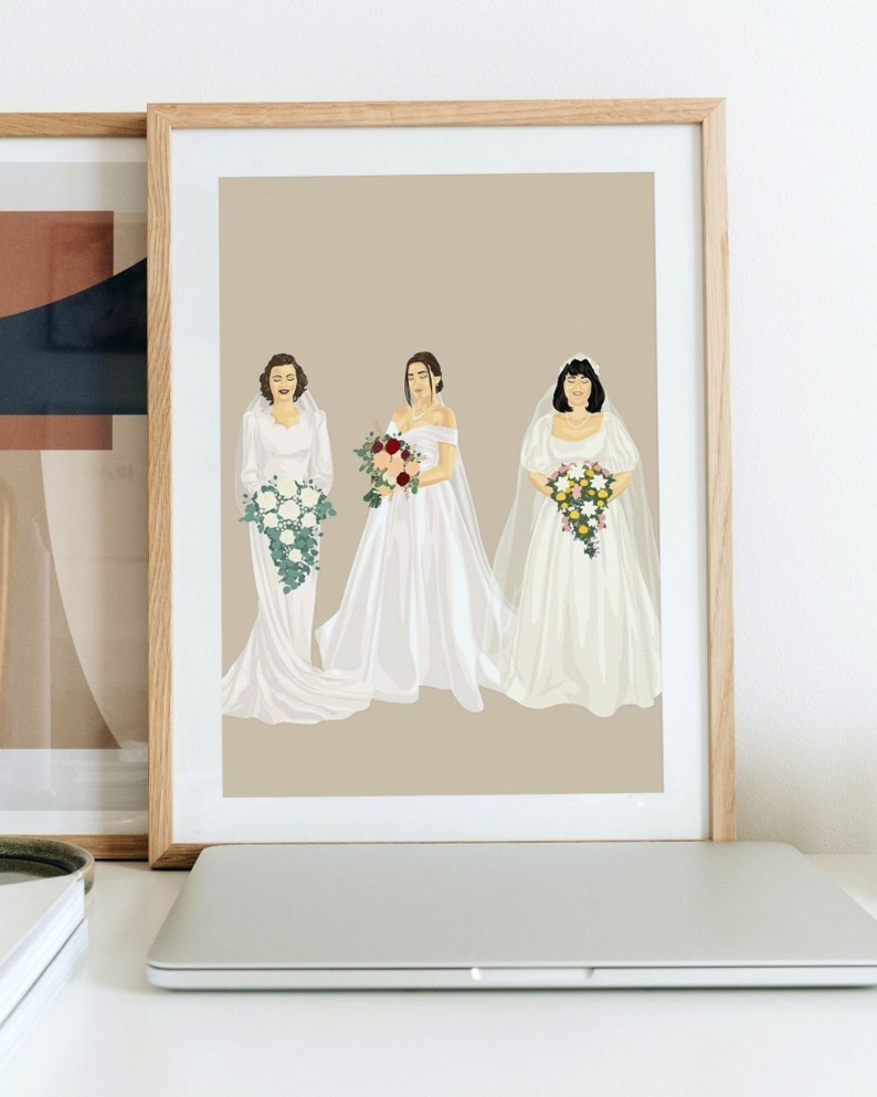 Retrato de boda generacional personalizado, regalo de madre de la novia, ilustración digital, retrato nupcial con mamá y abuela imagen 1