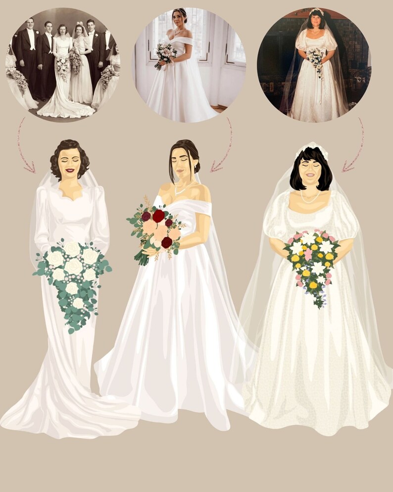 Retrato de boda generacional personalizado, regalo de madre de la novia, ilustración digital, retrato nupcial con mamá y abuela imagen 7