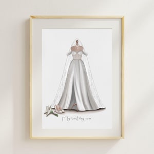 Aquarel jurk illustratie kunst schets bruids kunstwerk eerste verjaardag cadeau-idee