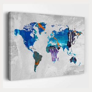 Abstract Map of The World Canvas, Teal Blue Grey Décor Canvas Wall Art Picture Print