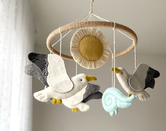 Mobile pour chambre d'enfant océan - Mobile mouette - Mobile bébé oiseaux - Décoration de chambre d'enfant sur le thème nautique - Berceau mobile mer