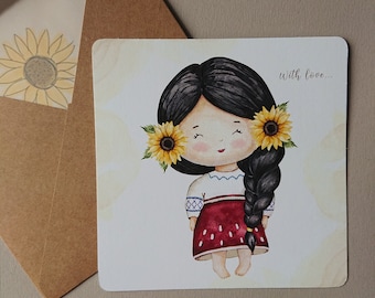 Watercolour postcard with cute Ukrainian girl PDF file