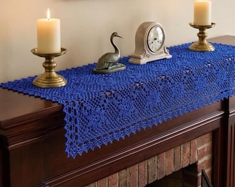 Royal blue crocheted table runner, table runner, fine dining table decor, fireplace mantle runner