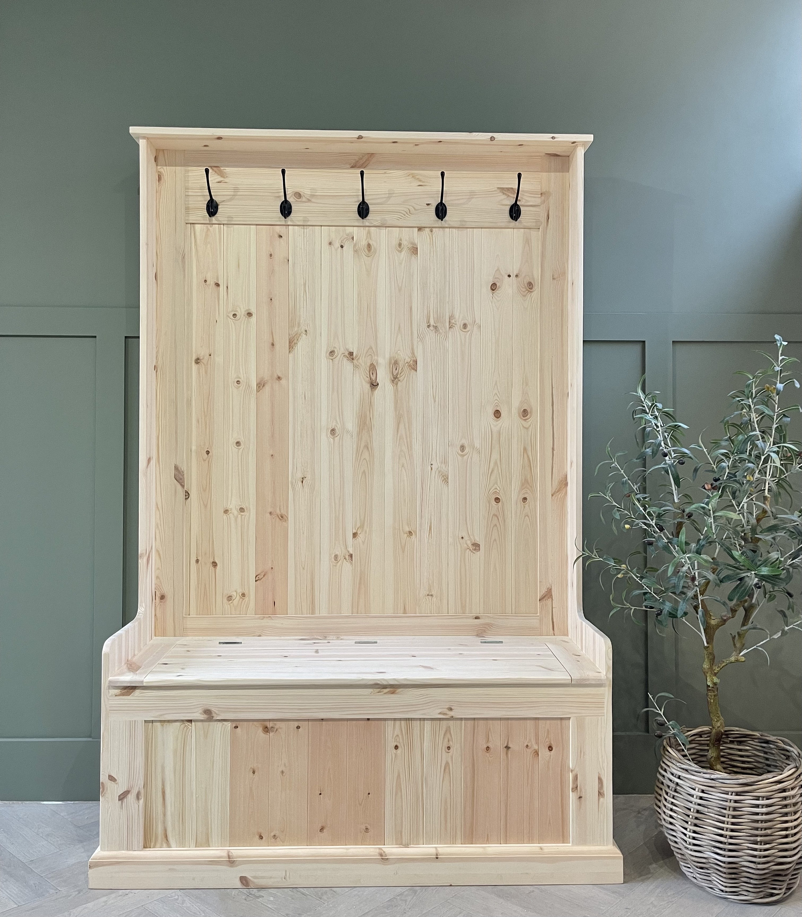 Unpainted, Natural Wood Tall Bench With Coat Hooks, Hall Storage