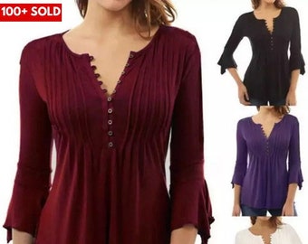 Women's Loose Long 3/4 Bell Sleeve V Neck Tunic Top Casual Loose Blouse