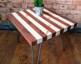 Handmade wooden pinstriped coffee table with hairpin legs