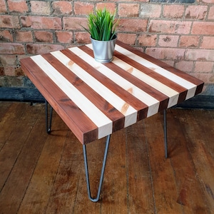 Handmade wooden pinstriped coffee table with hairpin legs