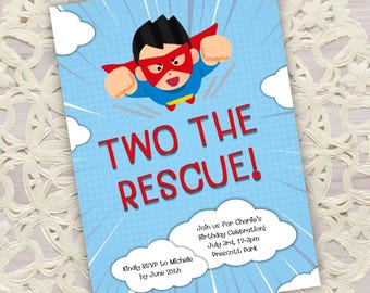 TWO The Rescue - Superhero Birthday Invitation Card Canva PRO Template Editable