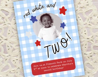 Red White and TWO - Photo Birthday Invitation Card Canva PRO Template Editable