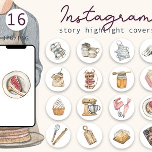 Akwarela pieczenie Instagram wyróżnione ikony, akwarelowe ilustracje, Instagram Story, wyróżnione okładki, piekarski bloger, JPG, PNG