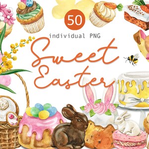 Clipart de doces de Páscoa em aquarela Clipart fofo de Páscoa Coelhos doces cesta cupcakes biscoitos corações borboleta Ovos de Páscoa abelha digital png