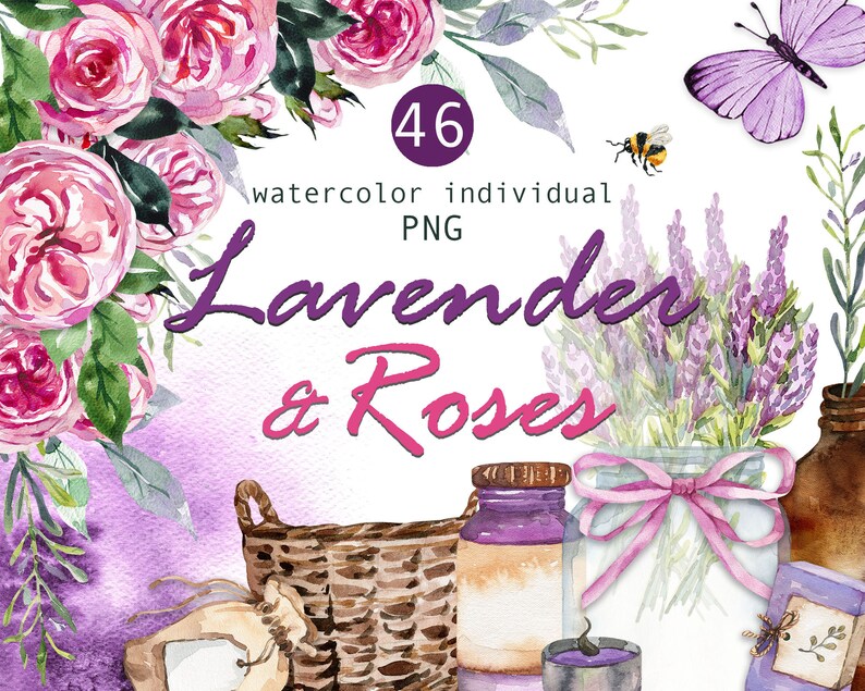 May include: Watercolor illustration of lavender and roses with a basket, jars, and candles. The text "46 watercolor individual PNG Lavender & Roses" is included in the image.