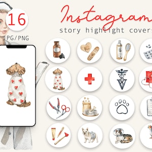 水彩獣医 Instagram ハイライト アイコン、水彩イラスト、Instagram ストーリー、ハイライト カバー、獣医ブロガー、JPG、PNG