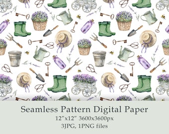 Watercolor Provençal garden Seamless Pattern Digital Paper Lavender Fabric Textile Farmhouse Decor Floral Design Wedding Digital JPG PNG