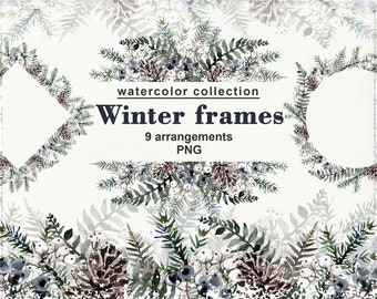 Winter Watercolor Clipart Christmas Wreath Digital Frames Borders watercolour printable clip art Winter Decor greenery bouquet digital PNG
