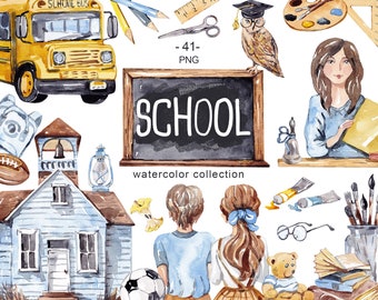 School Clipart Watercolor, Back to School PNG, Teacher Clip Art, School Bus Graphics, Classroom Supplies Planner Stickers Commercial Use