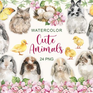 Aquarell süße Tiere Clipart, Hase, Huhn, Ente, süße Ostertiere, Aquarell, rosa Blumen, Schmetterling, süße Kaninchen, digital, PNG