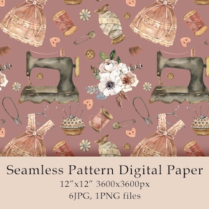 Watercolour Sewing Seamless Pattern Digital Paper Flowers png Scrapbooking paper Farmhouse decor Sewing pattern fabric Digital PNG JPG