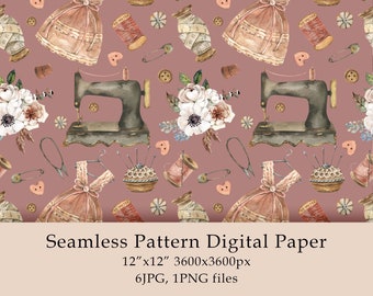 May include: A seamless pattern digital paper featuring a vintage sewing machine, spools of thread, thimbles, and floral bouquets in shades of pink, white, and brown on a dusty rose background. The pattern is 12 inches by 12 inches and is available in 6 JPG and 1 PNG file.