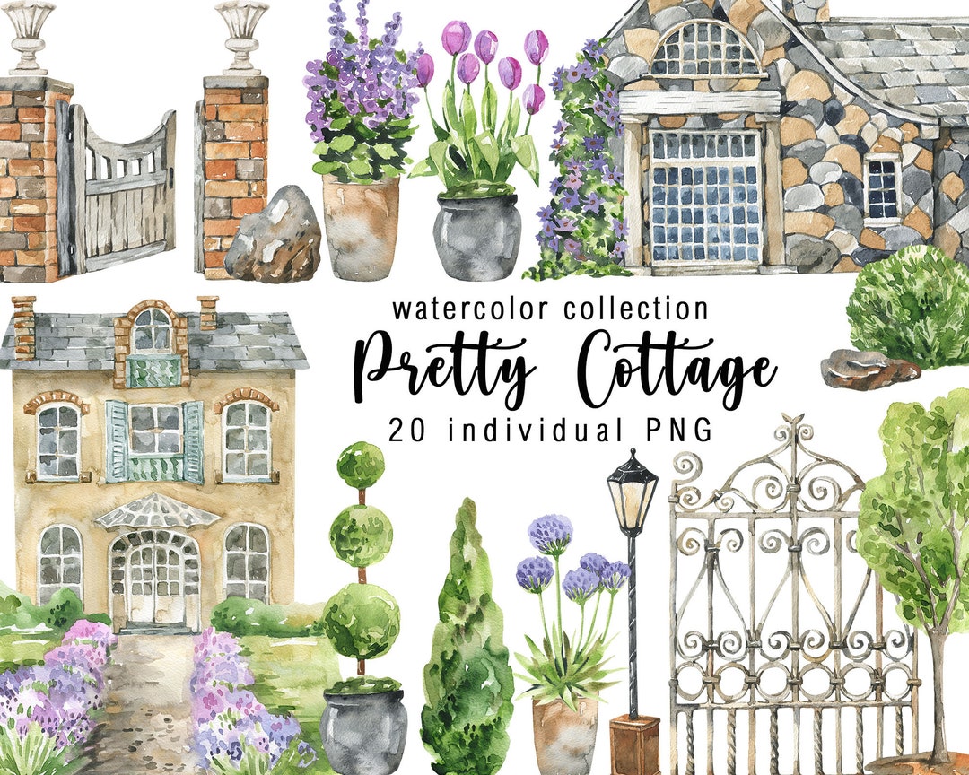 Watercolor Cottage Clipart PNG Cute Stone House Graphics Farmhouse ...