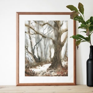 Paysage de forêt d'hiver, art mural imprimable aquarelle arbres, décoration de Noël, aquarelle imprimable Téléchargement numérique instantané jpg