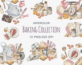 Watercolor Baking arrangements, Hand painted Kitchen Clipart, Planner Stickers, Food clipart, Logo Design, Bakery Decor, digital,  PNG
