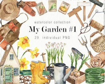 Watercolor My Garden clipart Spring Decor Garden tools clipart Gardening clip art Farmhouse Garden Greenery Clipart digital png