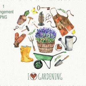 Acuarela Arreglo de jardinería Clipart, Pintado a mano, Herramientas de jardín, Hobby, Diseño de jardines, Arte de jardín de acuarela, Decoración digital, PNG