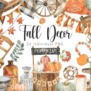 Clipart déco automne aquarelle confortable citrouilles d'automne Clip Art ferme automne rétro rustique en bois décoration d'intérieur en bois png numérique