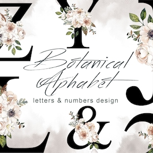 Alphabet floral, lettres et chiffres aquarelles avec roses, anémones et feuilles, clipart bohème, clipart verdure, faire-part de mariage, png