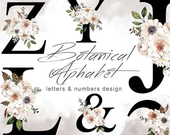 Floral alphabet, Watercolor Letters and Number with Roses, Anemones and Leaves, Boho clipart, Greenery clipart, Wedding invitation, png