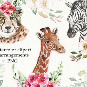 Aquarell Afrikanische Tiere Blumen Clipart Wild Animals Logo Design Safari Savanne Wild Life Handgezeichnet Giraffe Zebra Leopard digital PNG