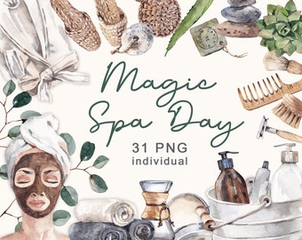 Watercolor Spa Day Clipart: 31 PNG Bath Elements, Cosmetics, and Relaxation Graphics for Commercial Use