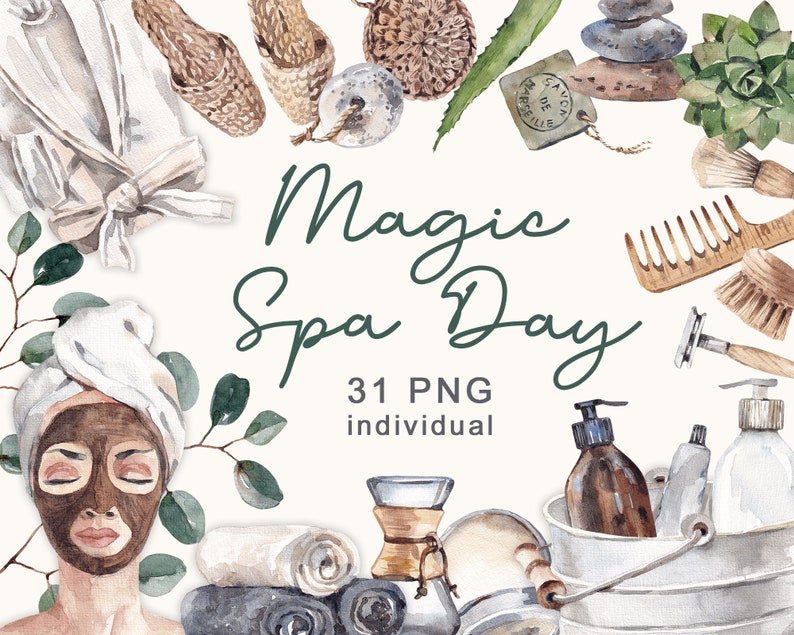K&ouml;nnte beinhalten: Eine Aquarell-Illustration von Spa-Artikeln, darunter eine Gesichtsmaske, Handt&uuml;cher, eine Kaffeemaschine, ein Eimer und ein Kamm. Der Text "Magic Spa Day 31 PNG individual" ist in Gr&uuml;n geschrieben.