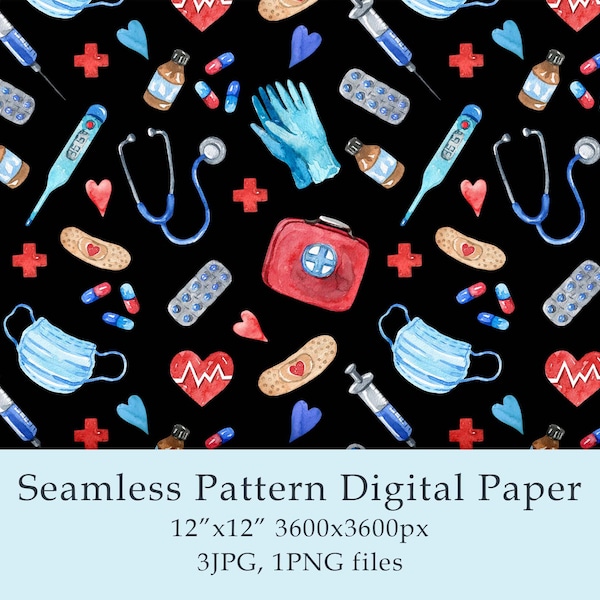 Watercolor Medical Seamless Pattern Digital Paper png Scrapbooking paper Nurse accessories Clip Art Doctor pattern fabric Digital PNG JPG